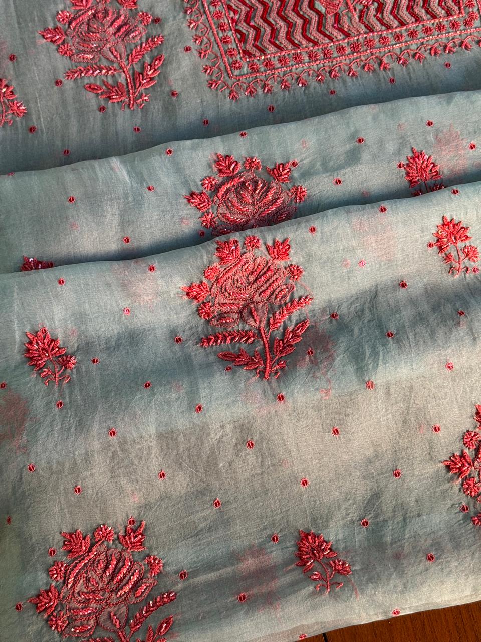 Slate Bllue Shade Noor Organza Silk Chikankari Unstitched Fabric