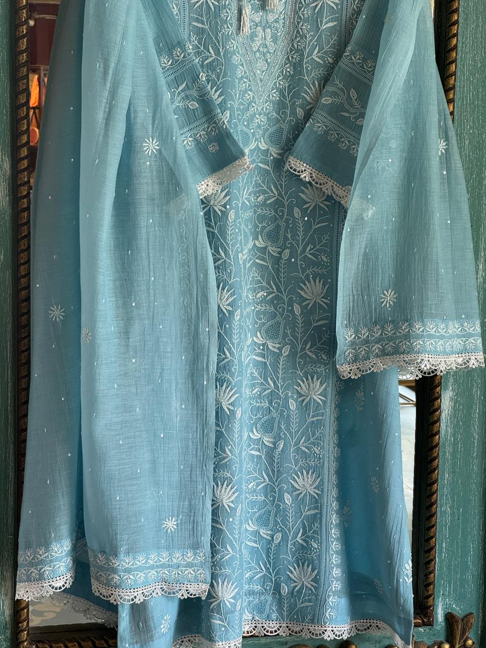 Slate Blue Mulmul Pearl White Chikankari Ready to Wear Kurta Set