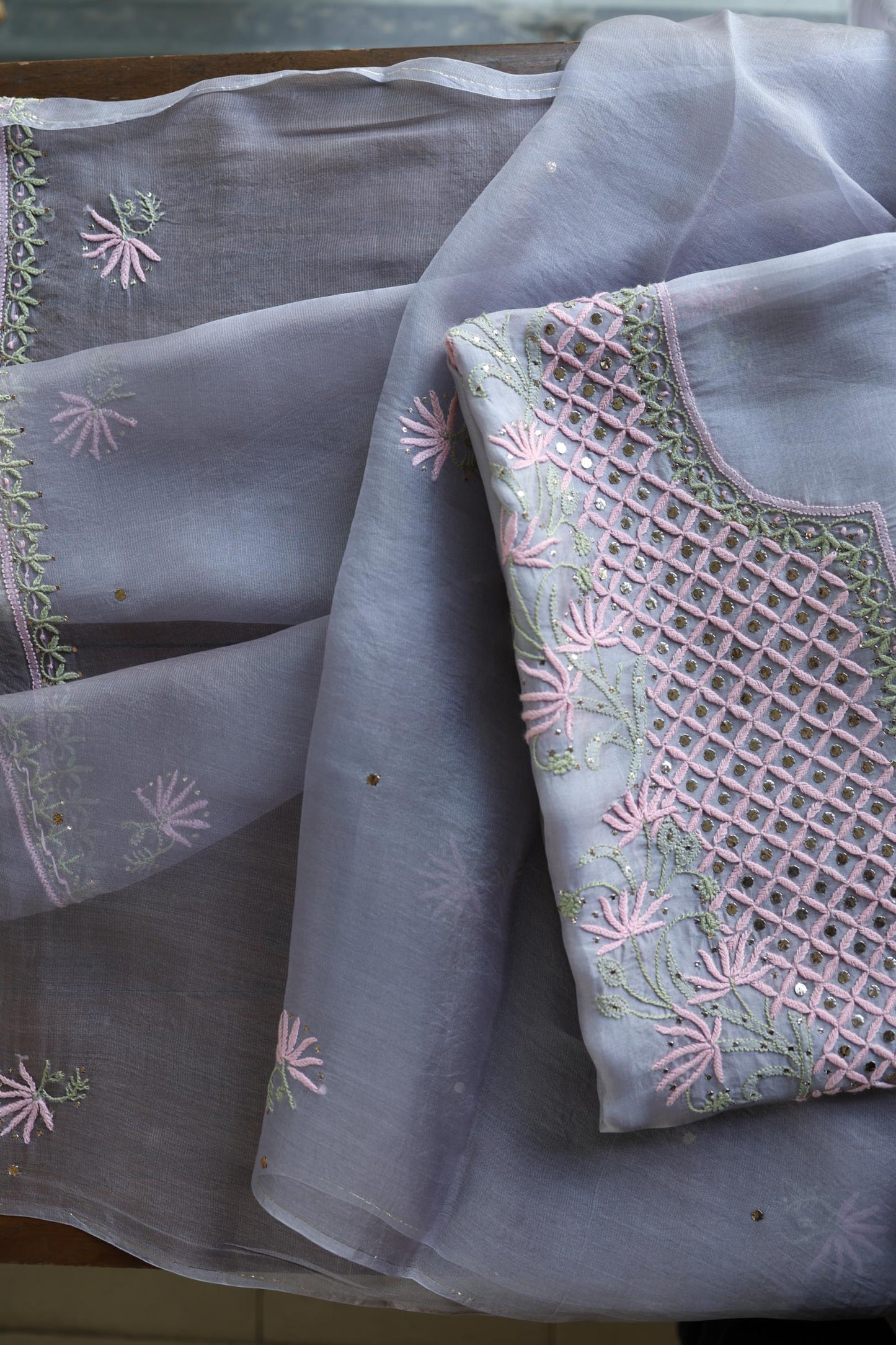 Slate Grey Noor Organza Silk Chikankari With Kamdani Fabric