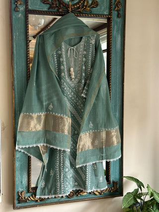 Slate Green Shade Malmal Straight Cut Chikankari Kamdani Kurta Set