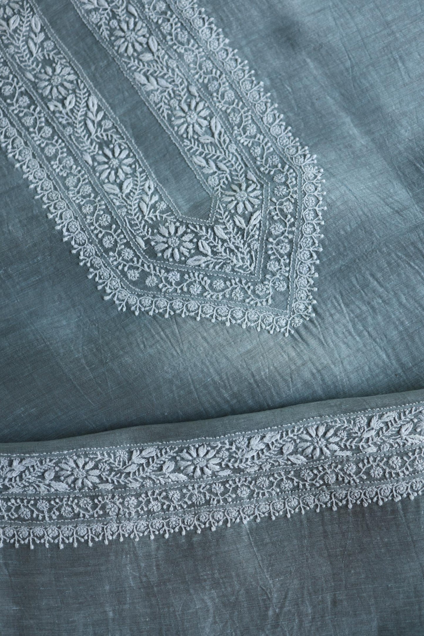 Slate Grey Shade Linen Chikankari Unstitched Men's Kurtas Fabric