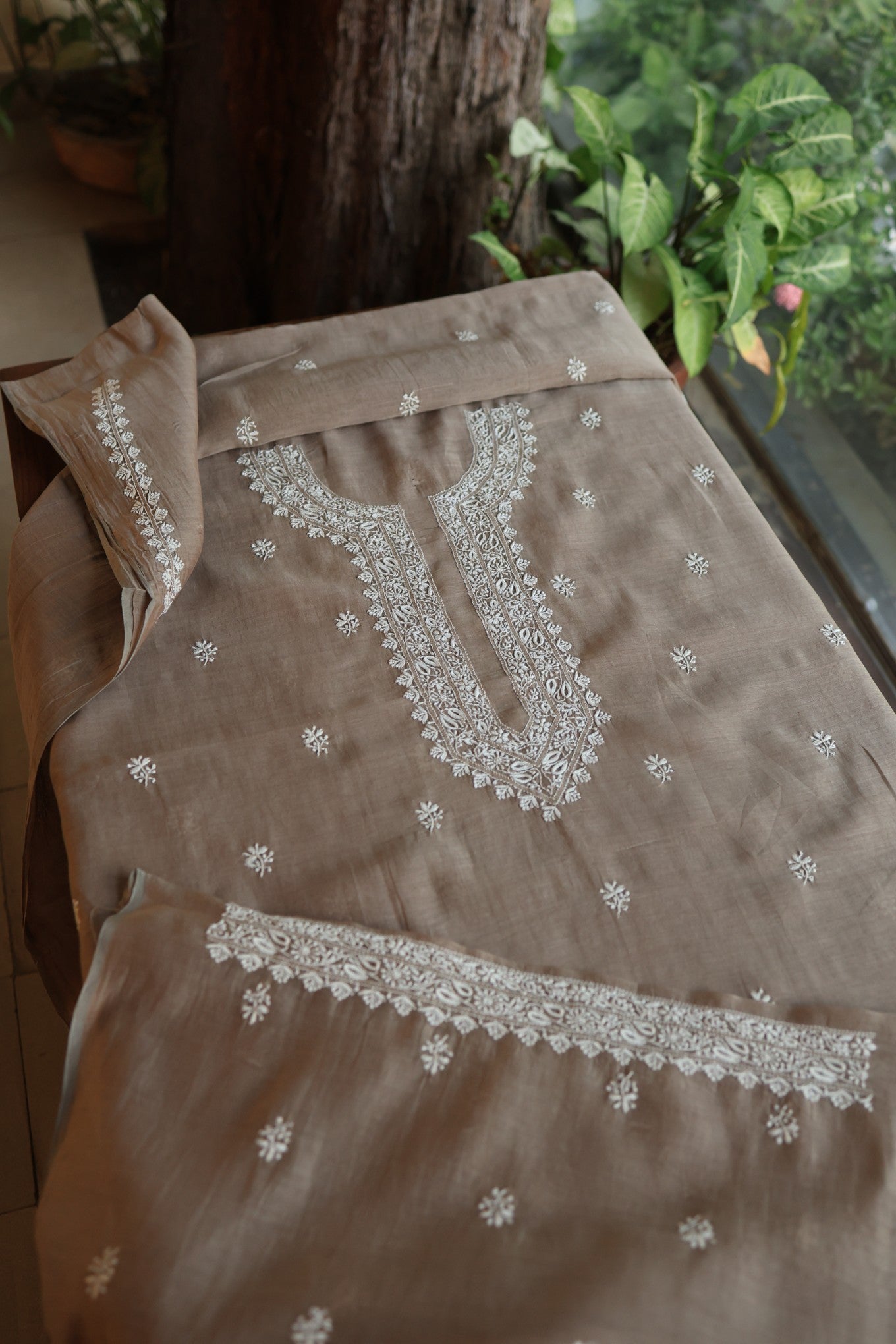 Smokey Grey Mulmul Chikankari Unstitched Men's Kurtas Fabric