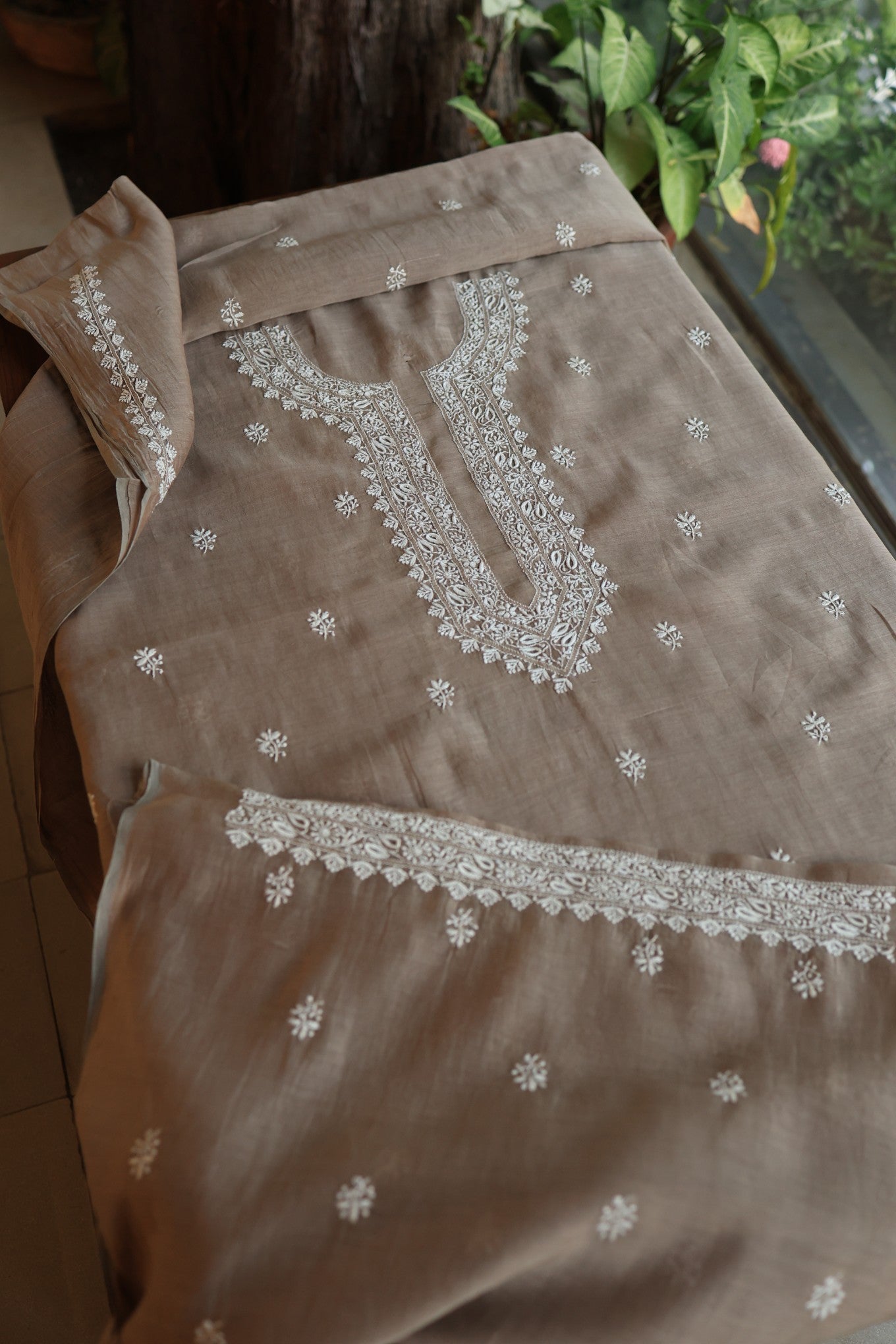 Smokey Grey Mulmul Chikankari Unstitched Men's Kurtas Fabric