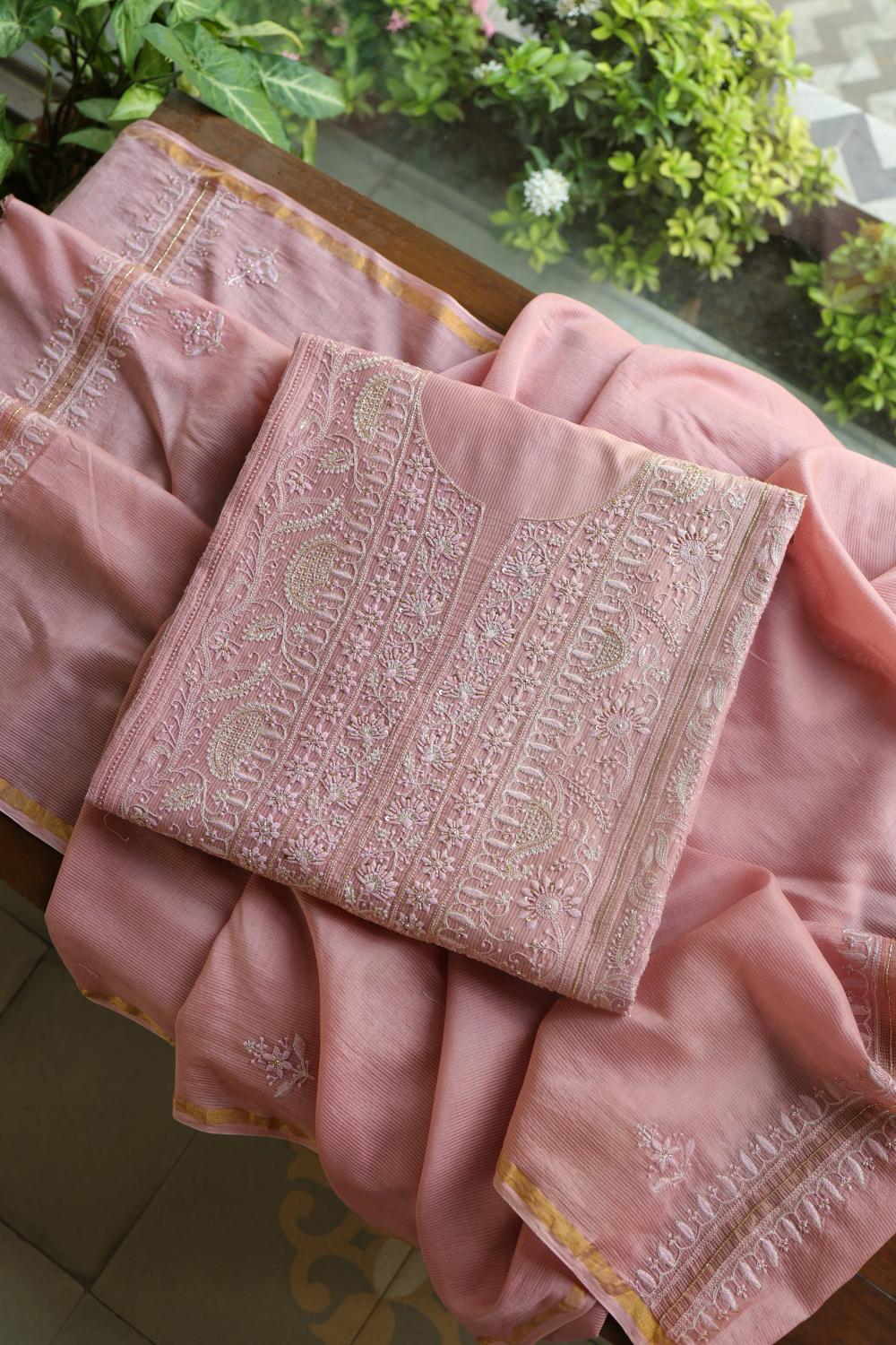Soft Pink Maheshwari Highlights Unstitched Fabrics