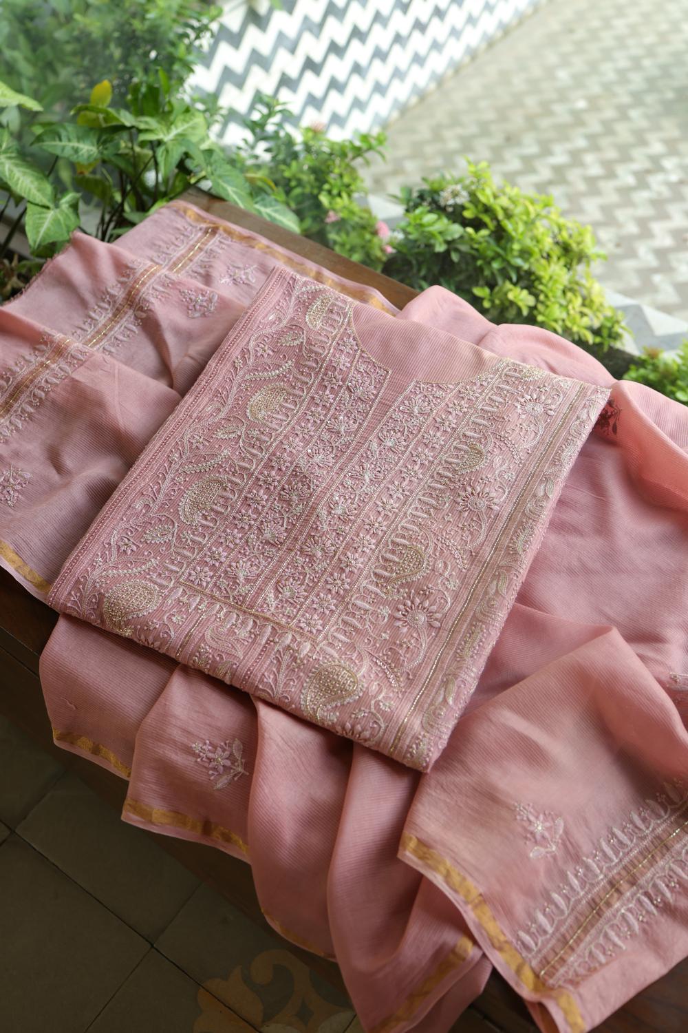 Soft Pink Maheshwari Highlights Unstitched Fabrics
