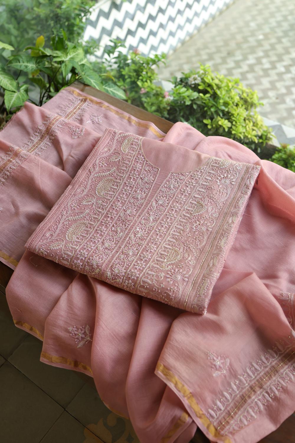 Soft Pink Maheshwari Highlights Unstitched Fabrics
