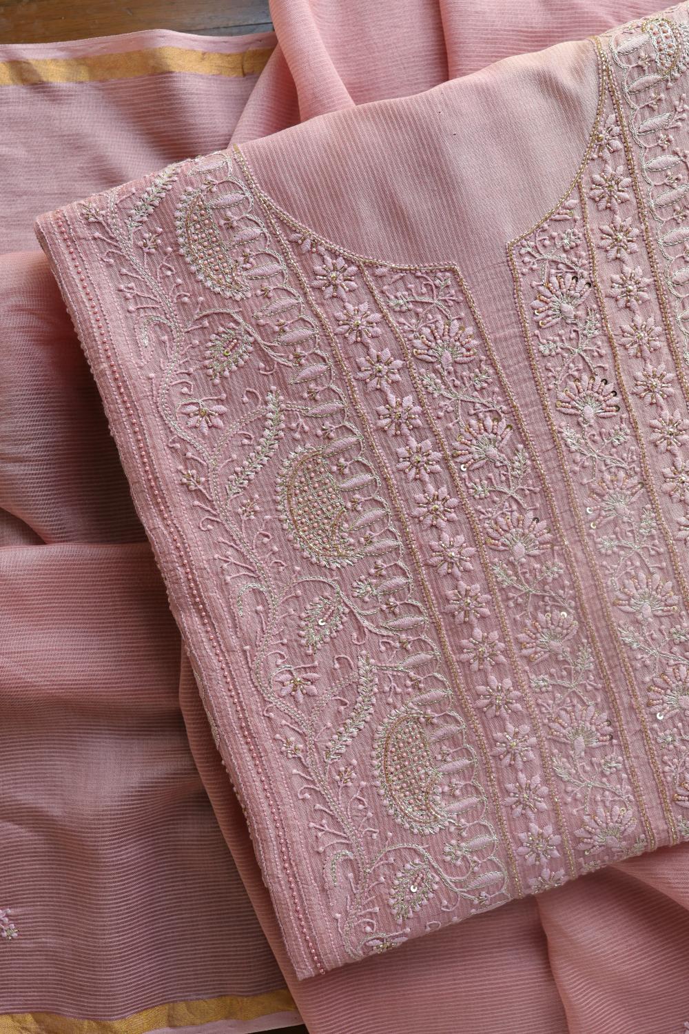 Soft Pink Maheshwari Highlights Unstitched Fabrics
