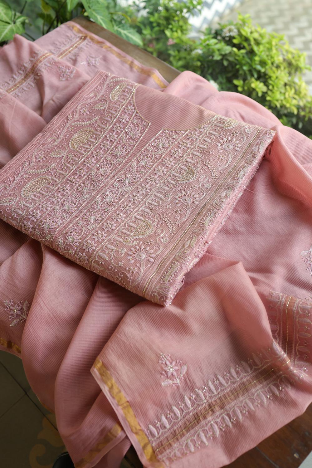 Soft Pink Maheshwari Highlights Unstitched Fabrics