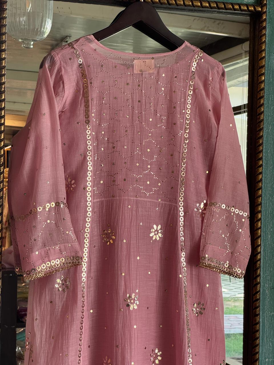 Soft Pink Shade Mukaish Kamdani Mul Chanderi Kurta Set