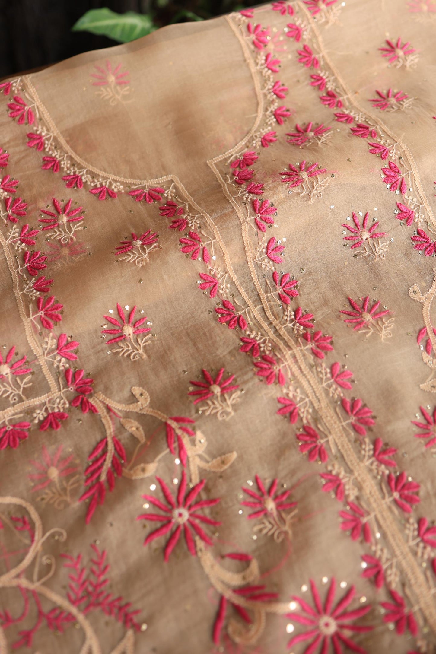 Soft Vanilla Shade Organza Silk Chikankari Unstitched Fabric