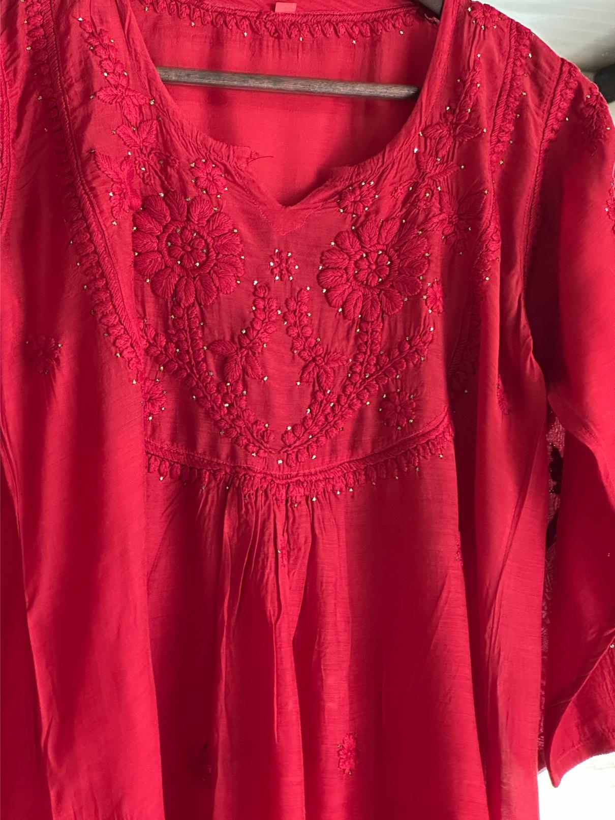 Strawberry Red Chanderi Mukaish Kamdani Short Kurti