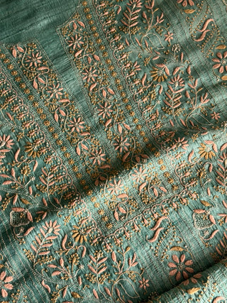Summer Green Tussar Silk Unstitched Kurta Dupatta Set with Multicolour Chikankari Embroidery