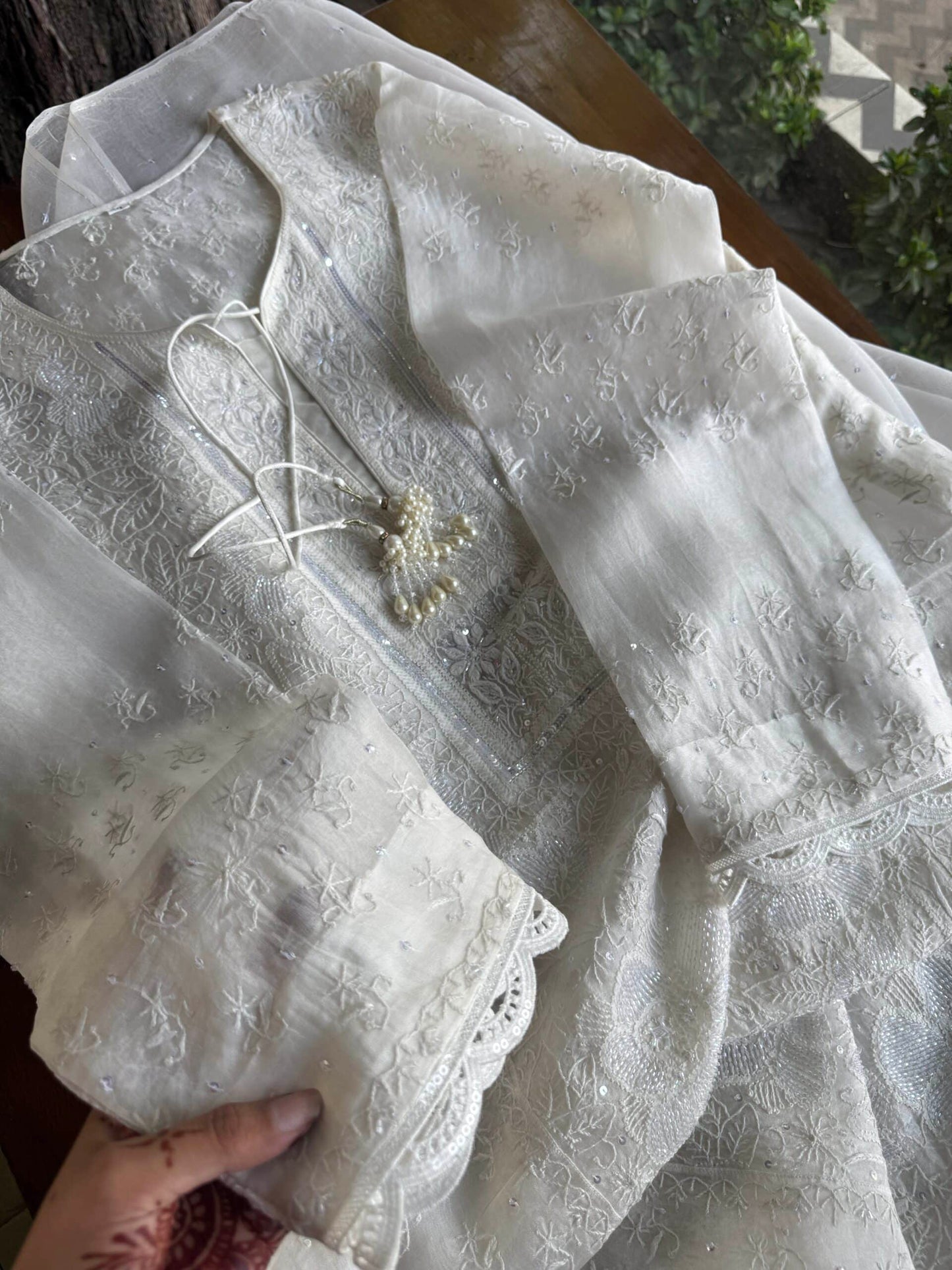 Swan White | Noor Organza Silk Chikankari Straight Cut Kurta Dupatta Set