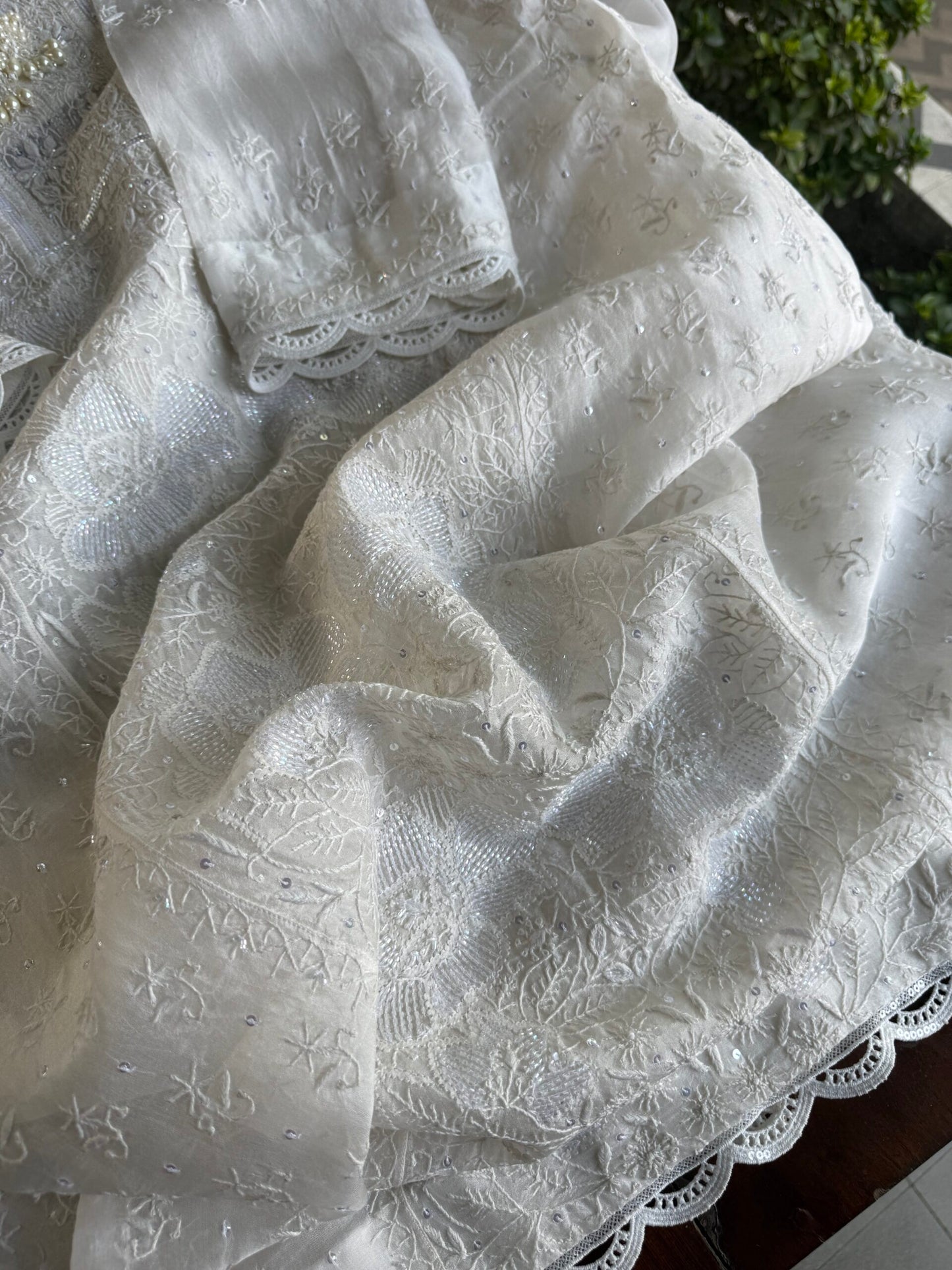 Swan White | Noor Organza Silk Chikankari Straight Cut Kurta Dupatta Set