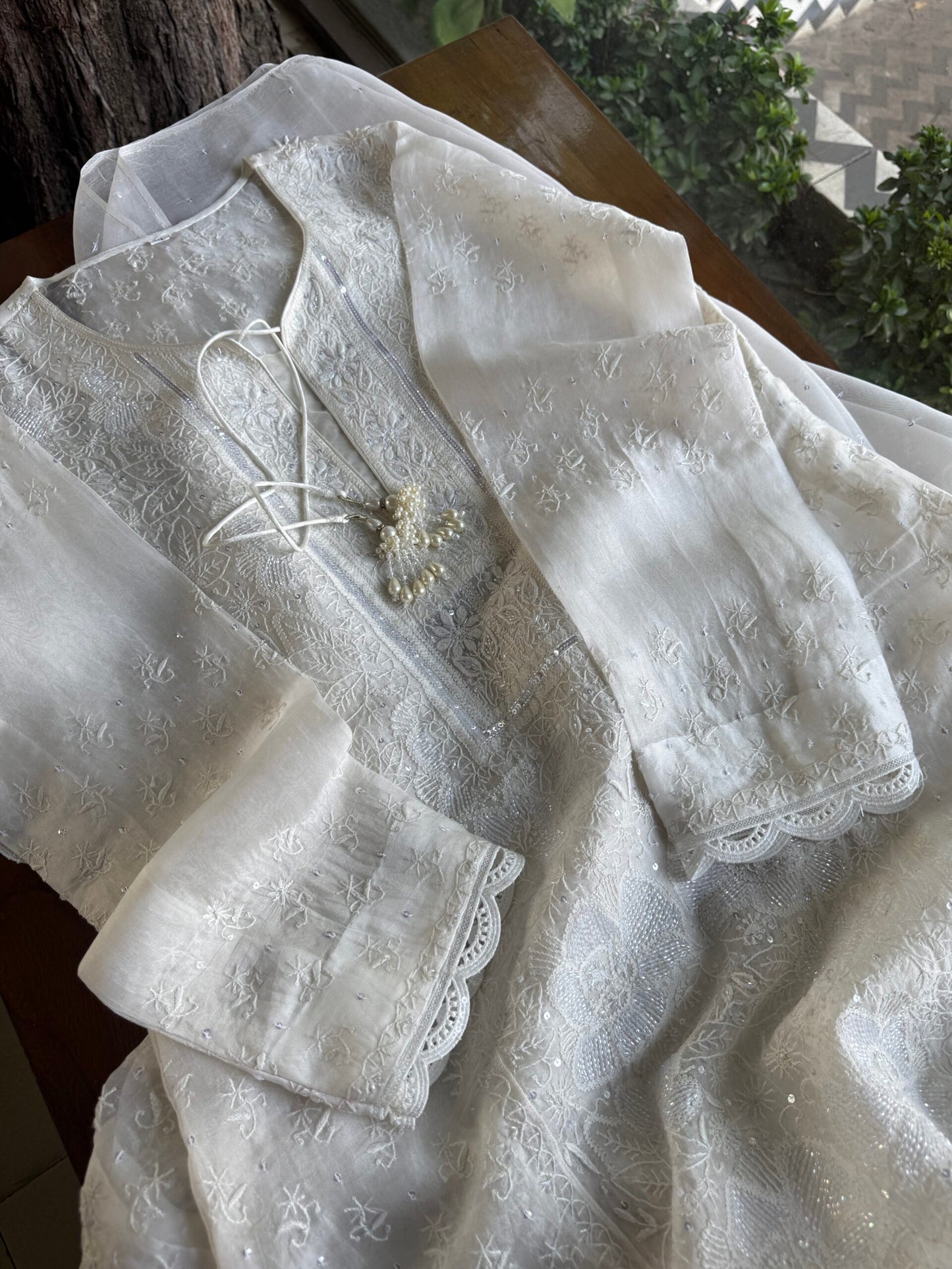 Swan White | Noor Organza Silk Chikankari Straight Cut Kurta Dupatta Set