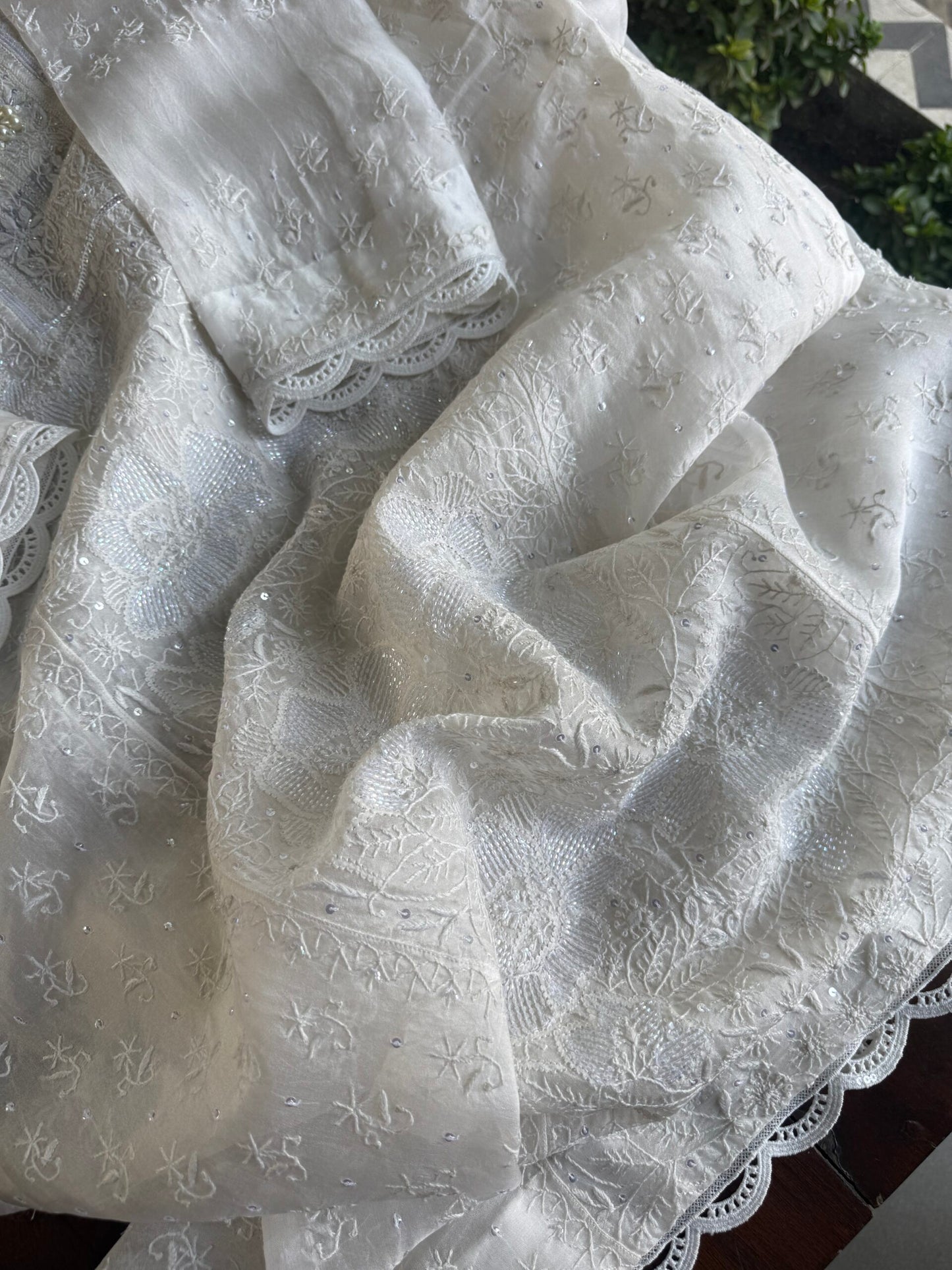 Swan White | Noor Organza Silk Chikankari Straight Cut Kurta Dupatta Set