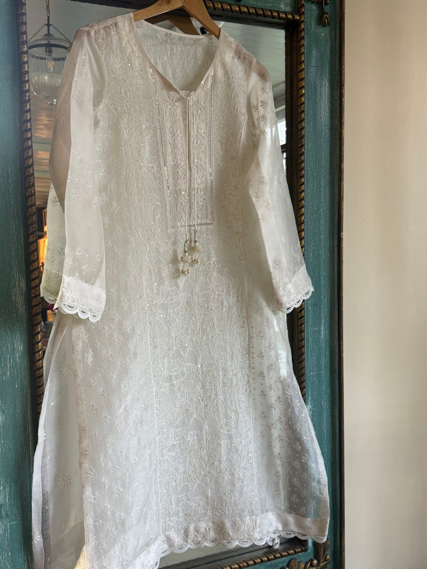 Swan White | Noor Organza Silk Chikankari Straight Cut Kurta Dupatta Set