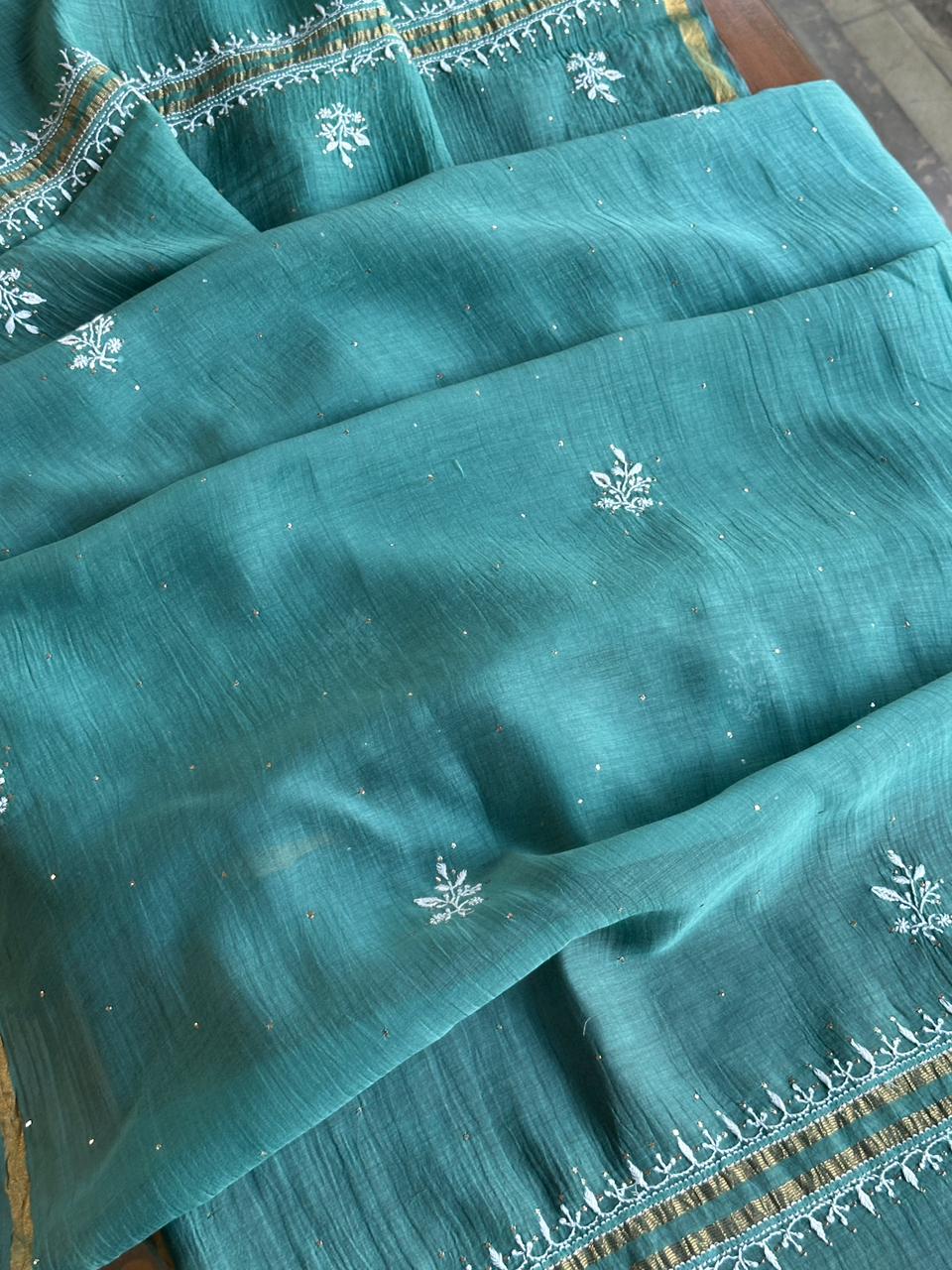 Teal Green Shade Mal Cotton Fine Chikankari Unstitched Fabric