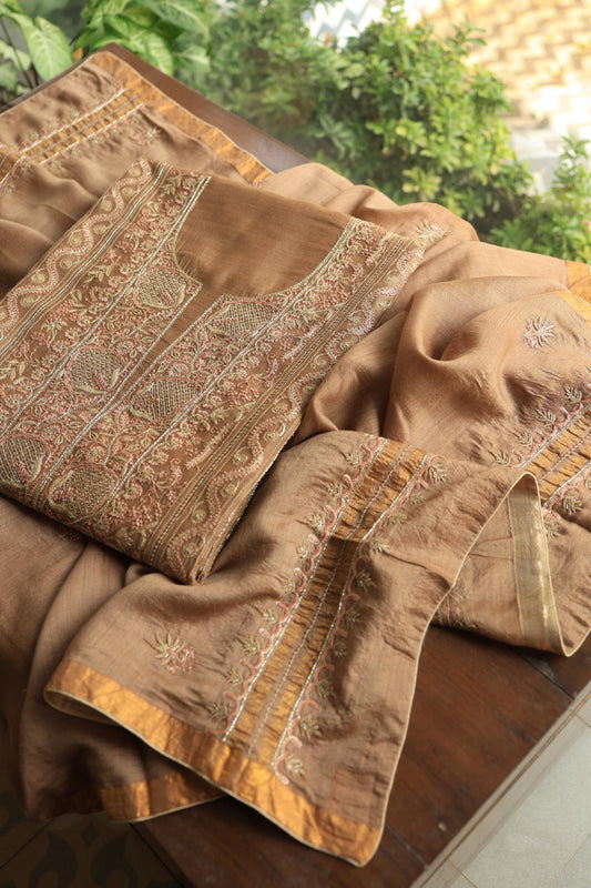 Tobacco Brown Shade Moonga Silk Chikankari Unstitched Fabric