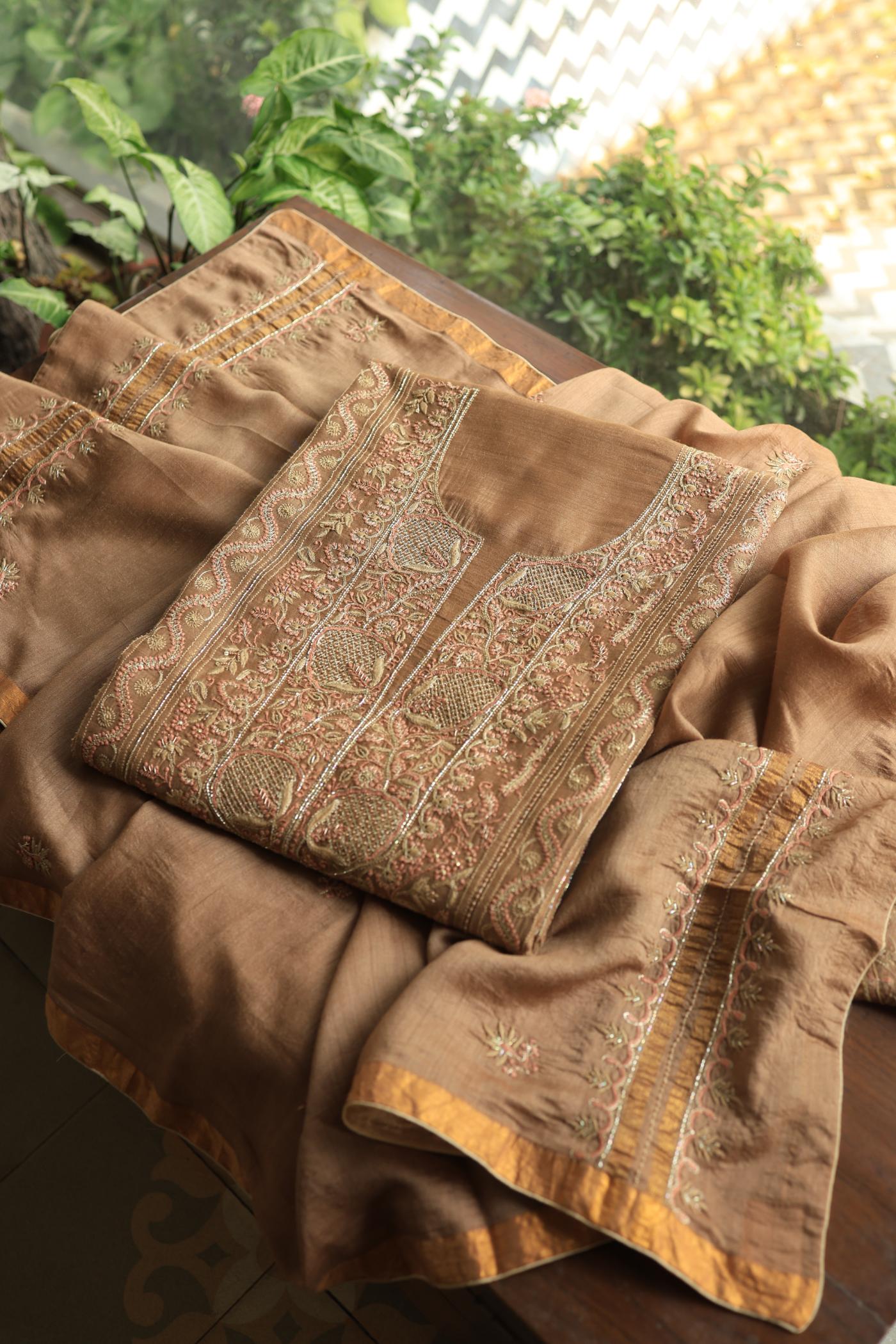 Tobacco Brown Shade Moonga Silk Chikankari Unstitched Fabric
