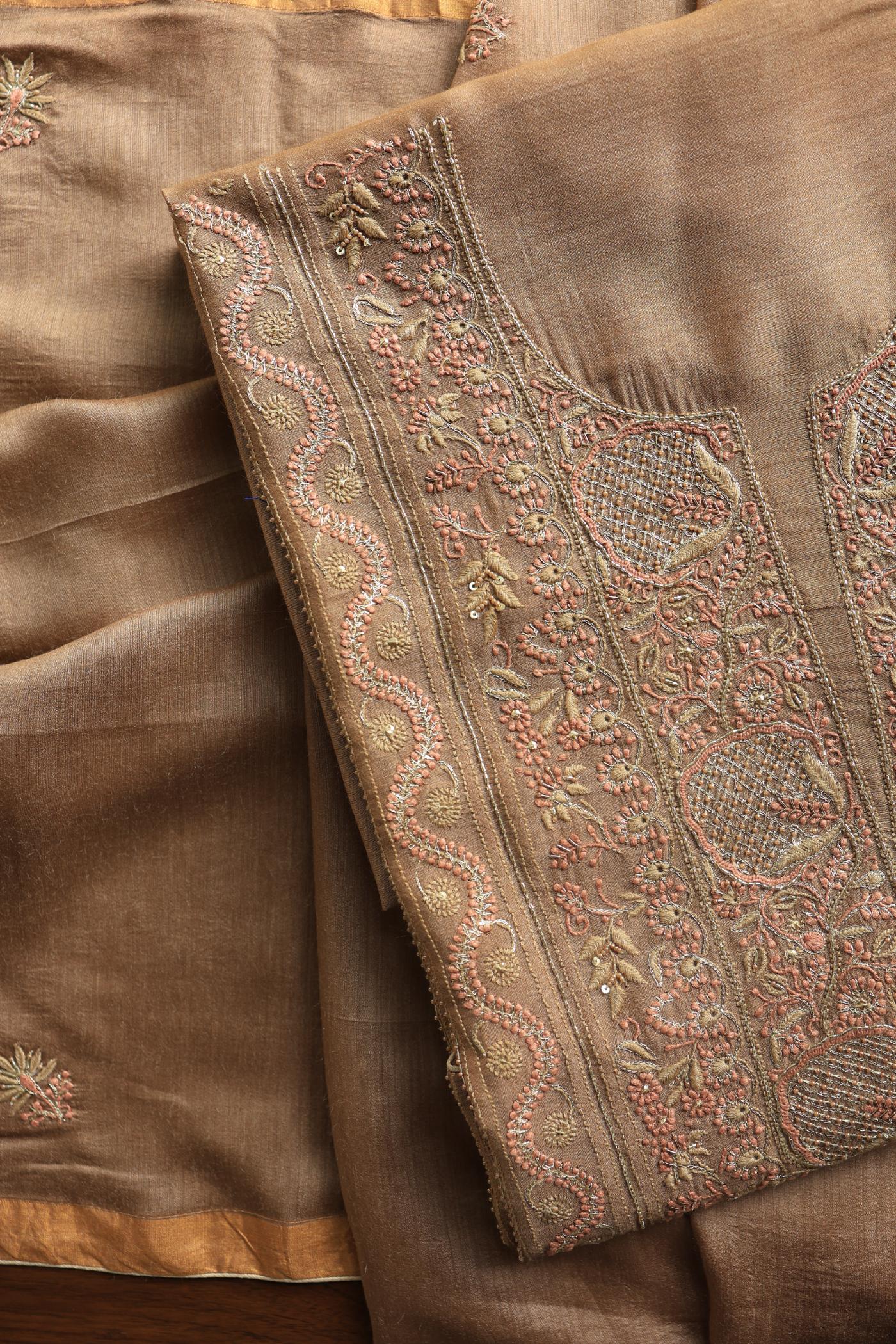 Tobacco Brown Shade Moonga Silk Chikankari Unstitched Fabric