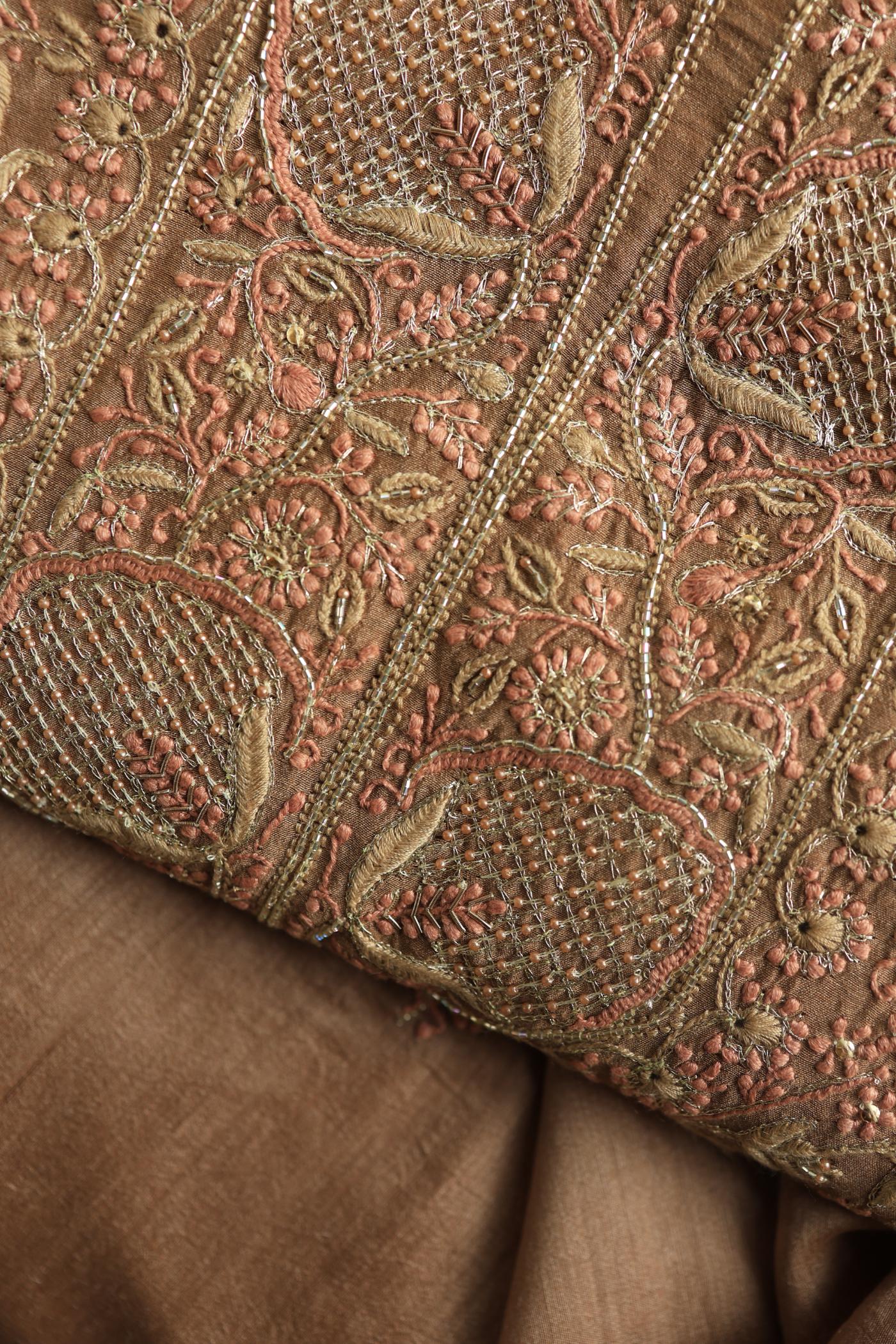 Tobacco Brown Shade Moonga Silk Chikankari Unstitched Fabric