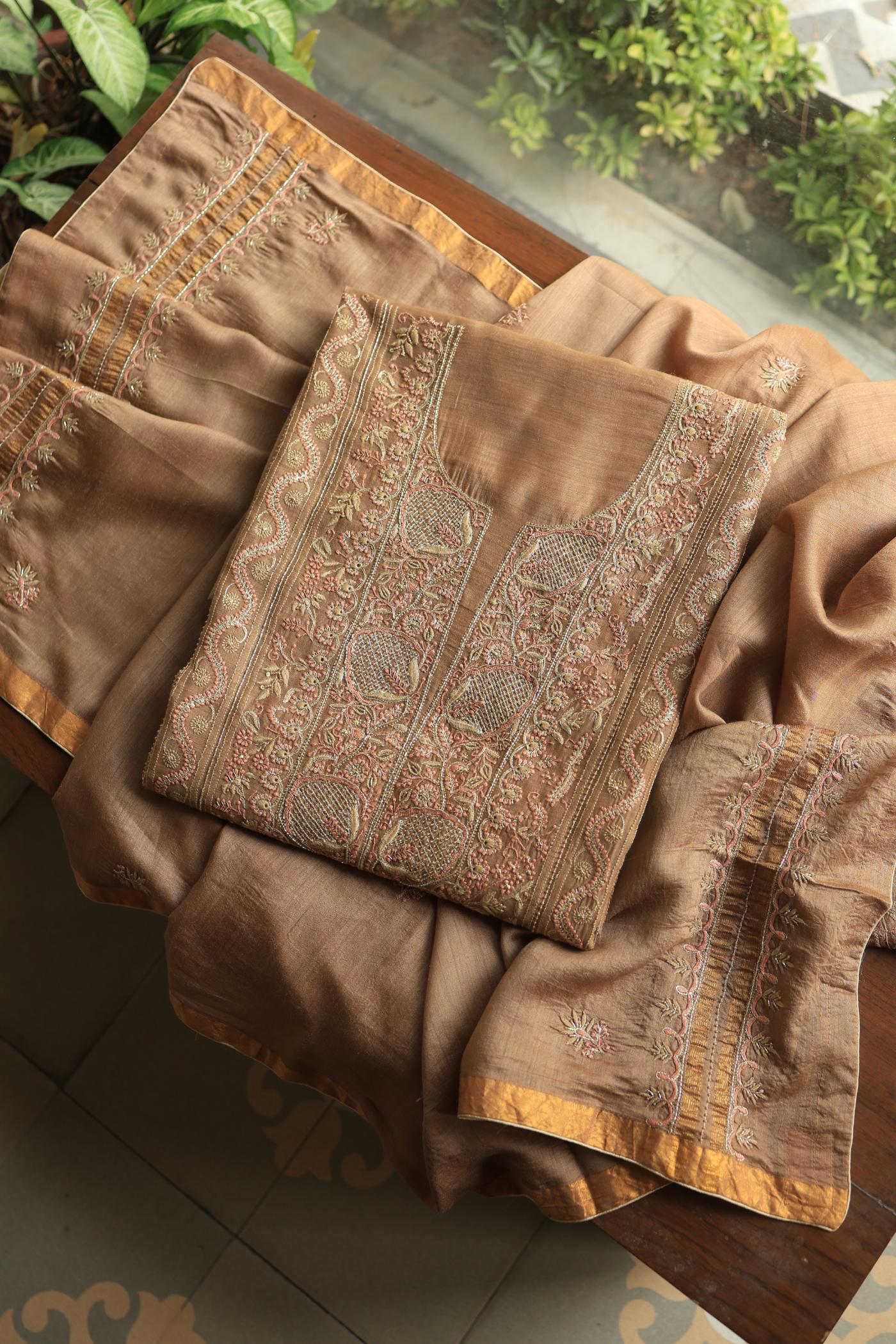 Tobacco Brown Shade Moonga Silk Chikankari Unstitched Fabric