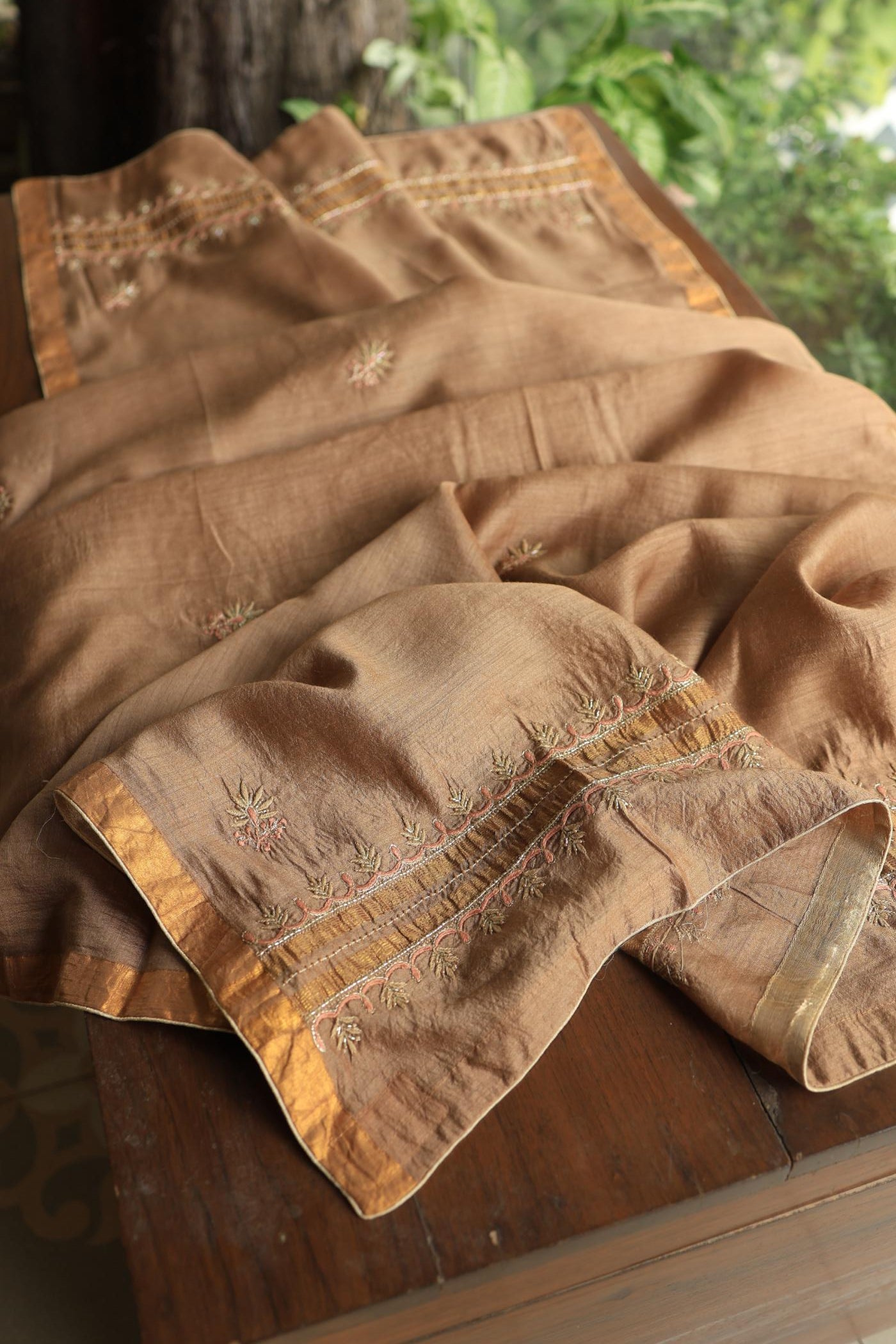 Tobacco Brown Shade Moonga Silk Chikankari Unstitched Fabric