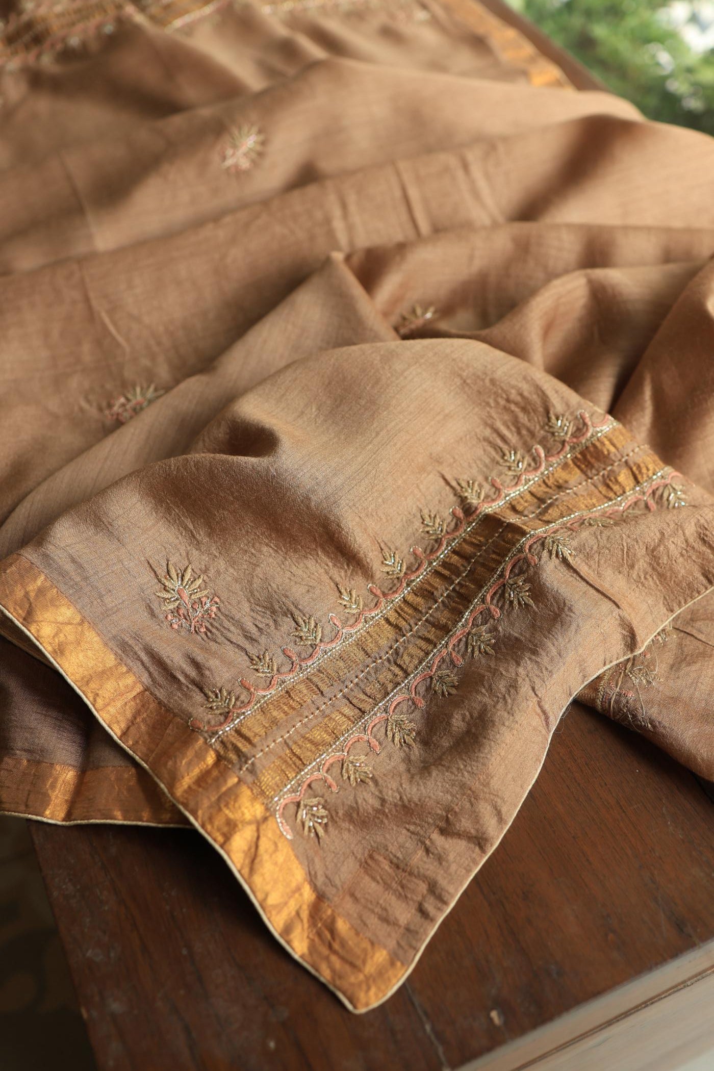 Tobacco Brown Shade Moonga Silk Chikankari Unstitched Fabric