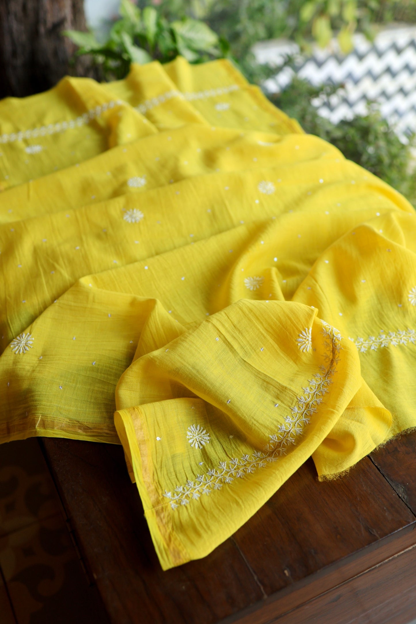 Tulip Yellow Pearl Work Chikankari Unstitched Fabric