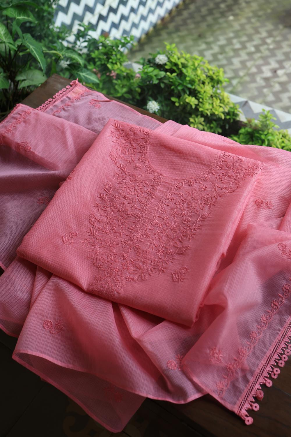 Turkish Rose Kota Chikankari Unstitched Fabric