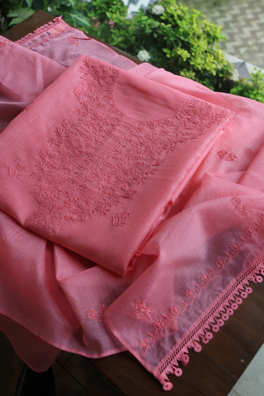 Turkish Rose Kota Chikankari Unstitched Fabric