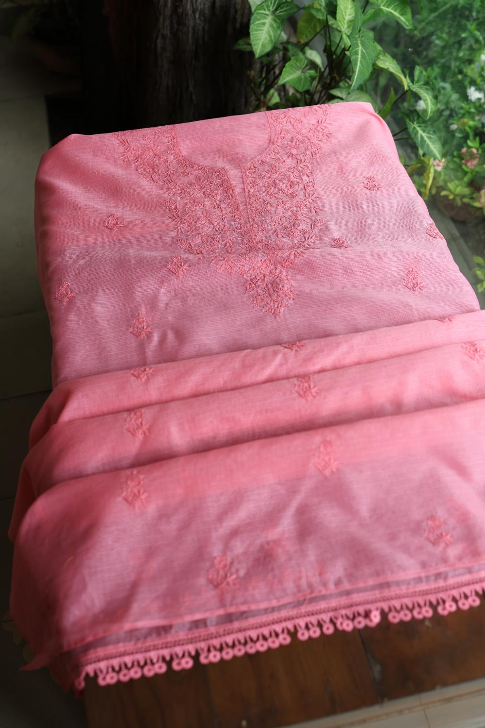 Turkish Rose Kota Chikankari Unstitched Fabric