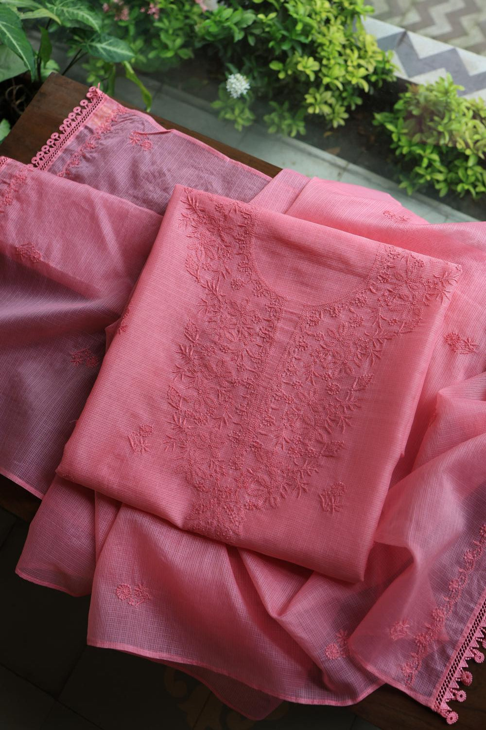 Turkish Rose Kota Chikankari Unstitched Fabric