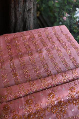 Turkish Rose Organza Banarasi Silk Chikankari Unstitched Kurta Dupatta Set