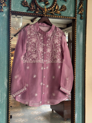 Turkish Rose Shade Noor Organza Chikankari Collar Ready To Wear Short Top