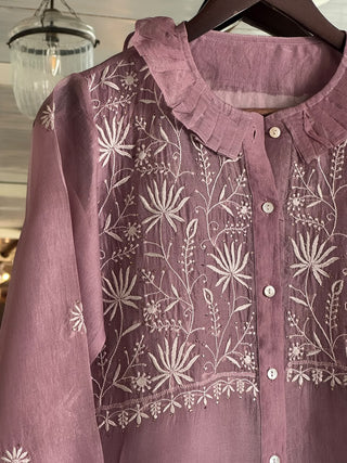 Turkish Rose Shade Noor Organza Chikankari Collar Ready To Wear Short Top