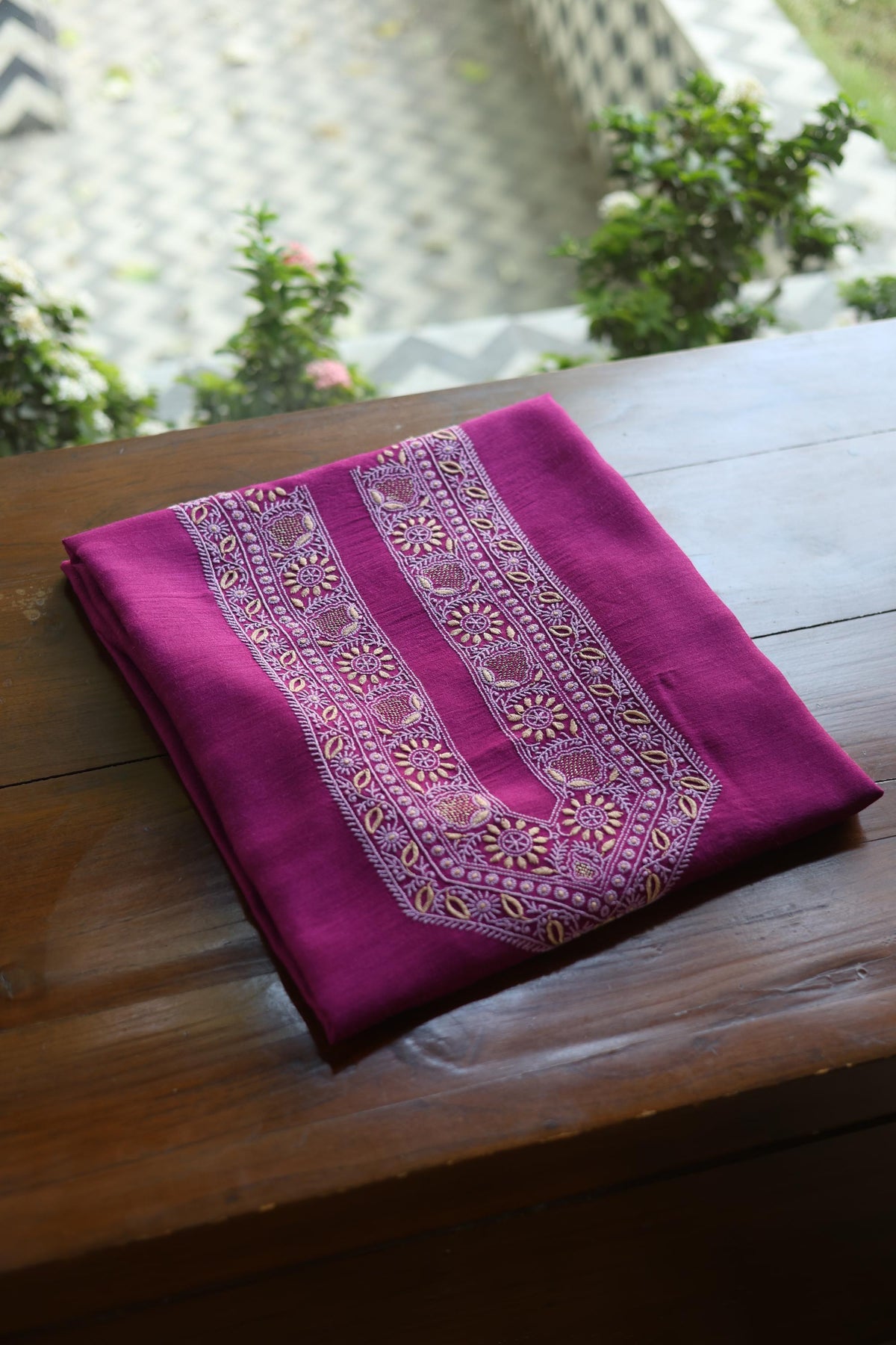 Warm Purple Shade Moonga Silk Chikankari Men’s Kurta Fabric