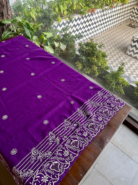 Warm Purple Shade Saman Pashmina Resham Thread Chikankari Shawl