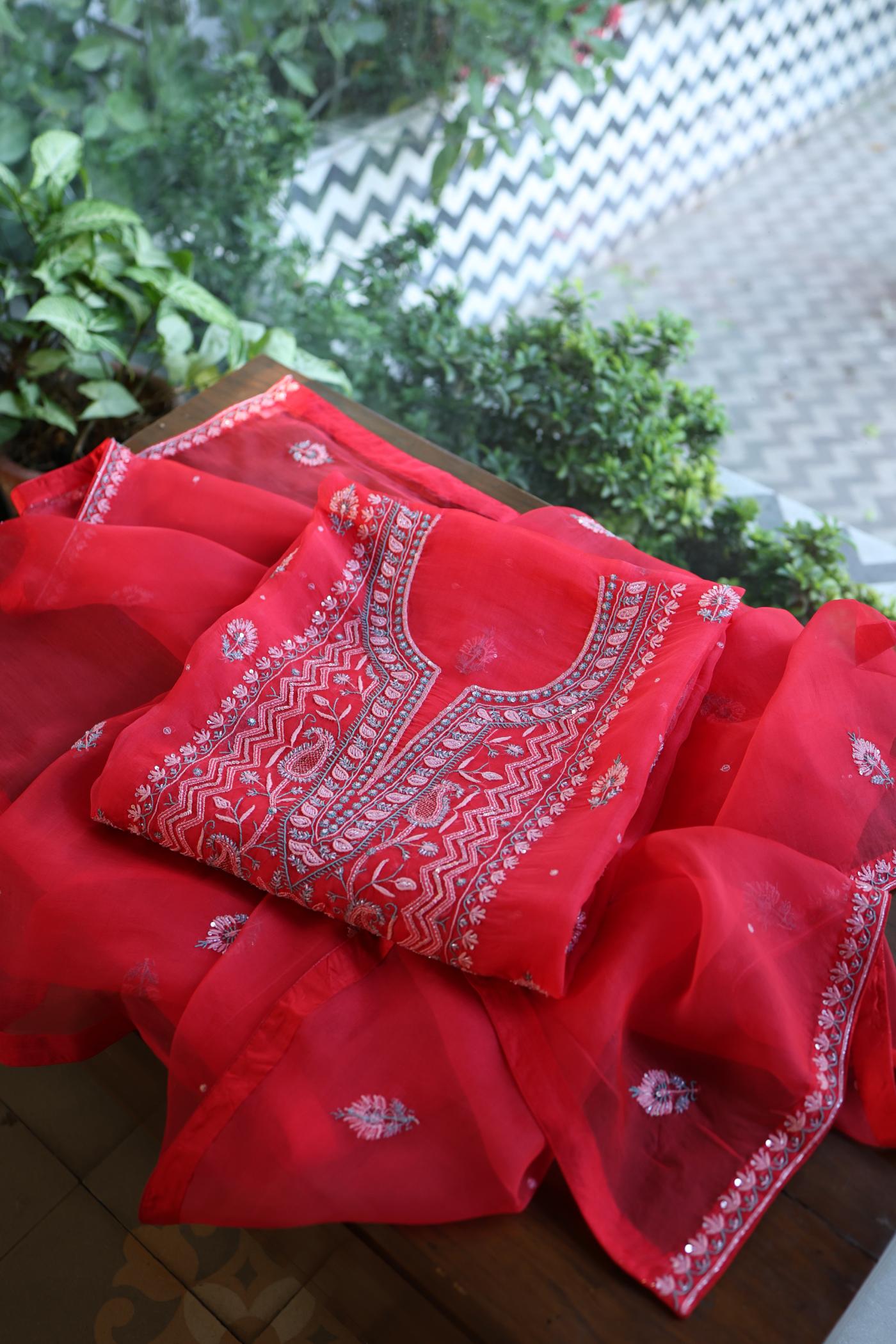 Watermelon Red Shade Organza Silk Chikankari Unstitched Fabric