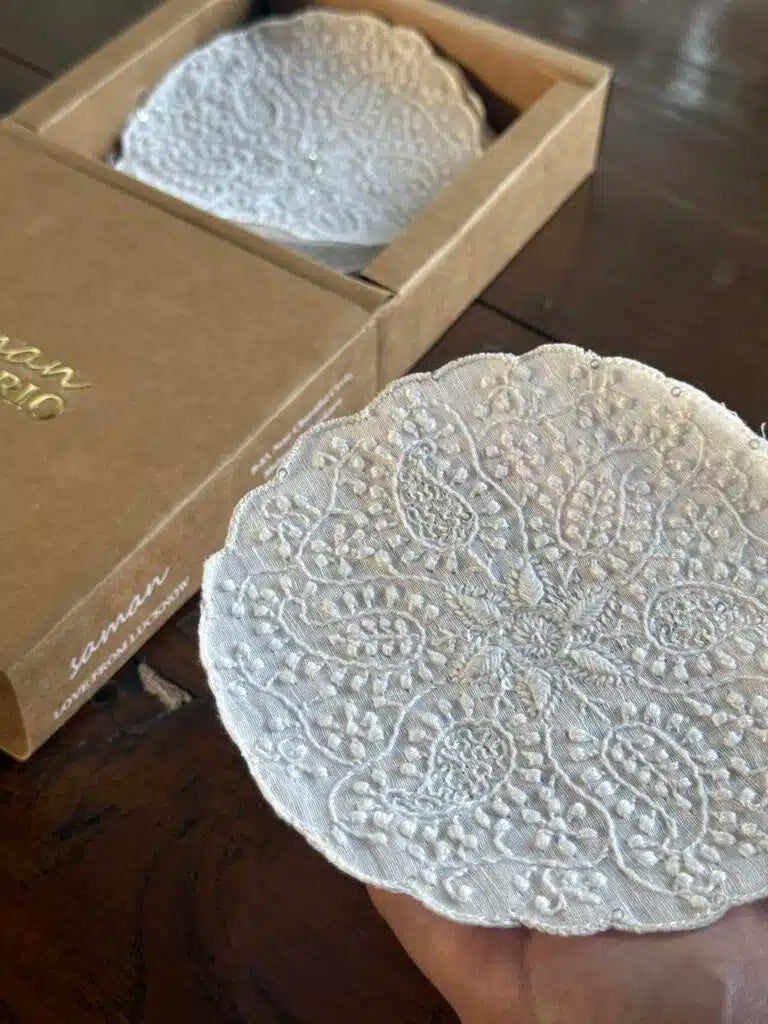 White Chikankari With Sequins Table Coasters (Set of 6 Pcs)