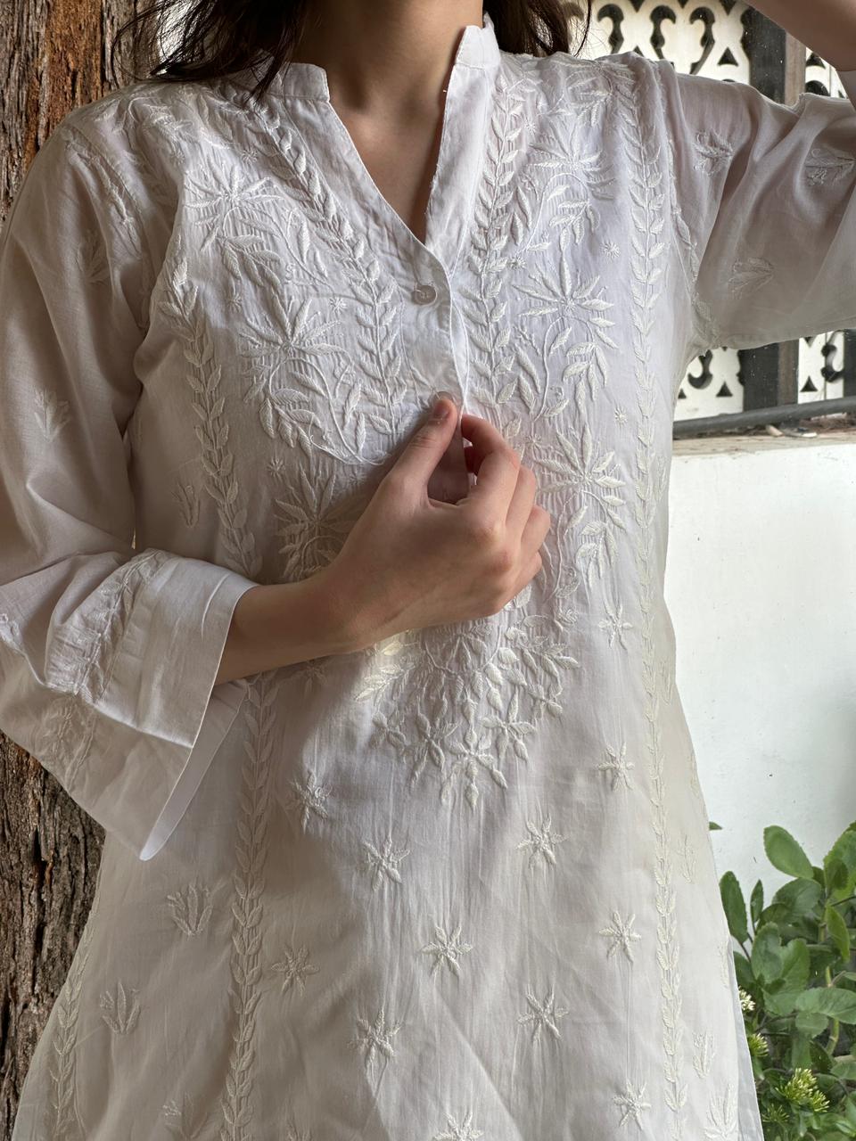 White Cotton Chikankari Short Top
