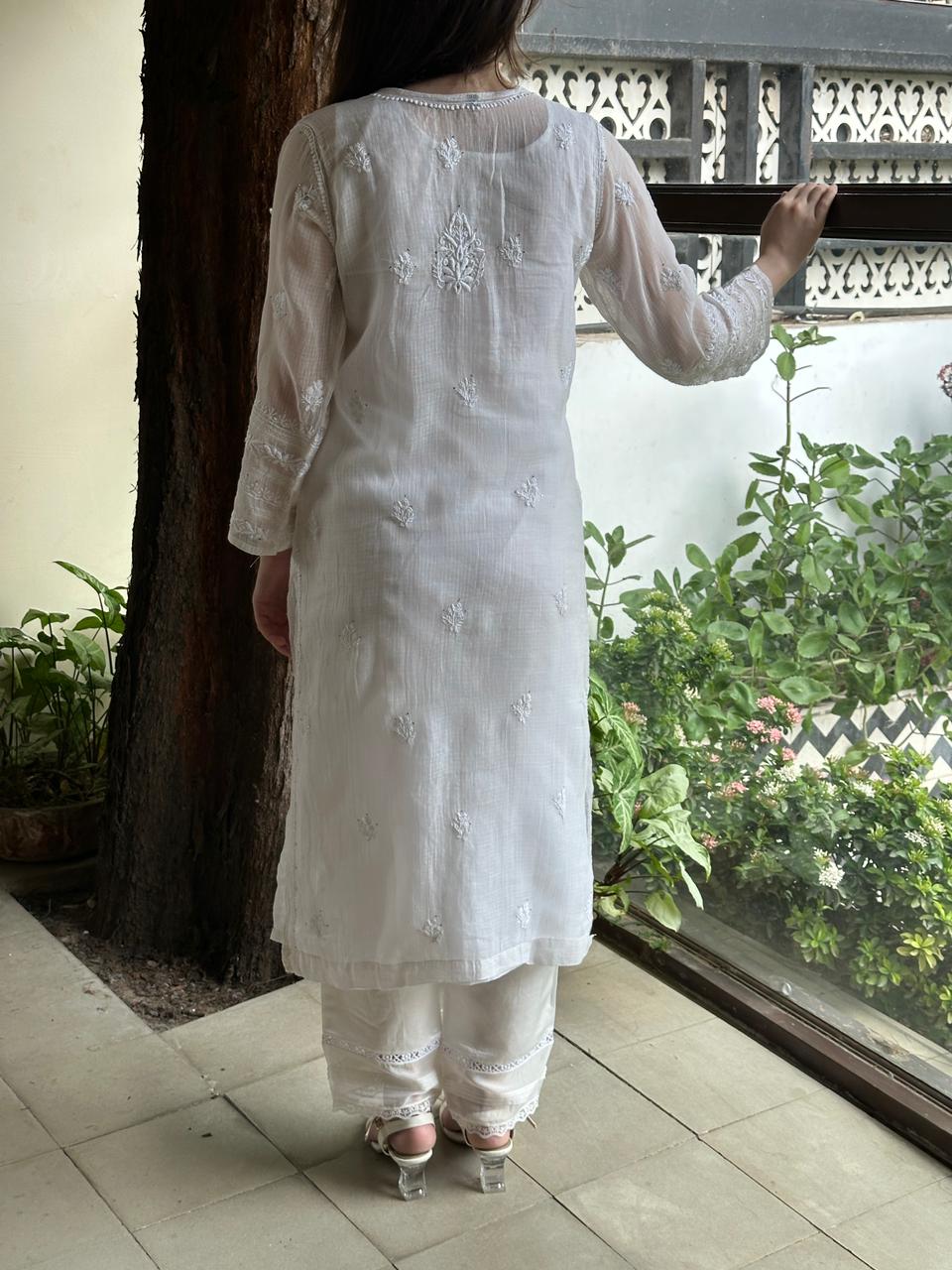 White Floral Kota Chikankari Ready To Wear Straight Kurta With Slip