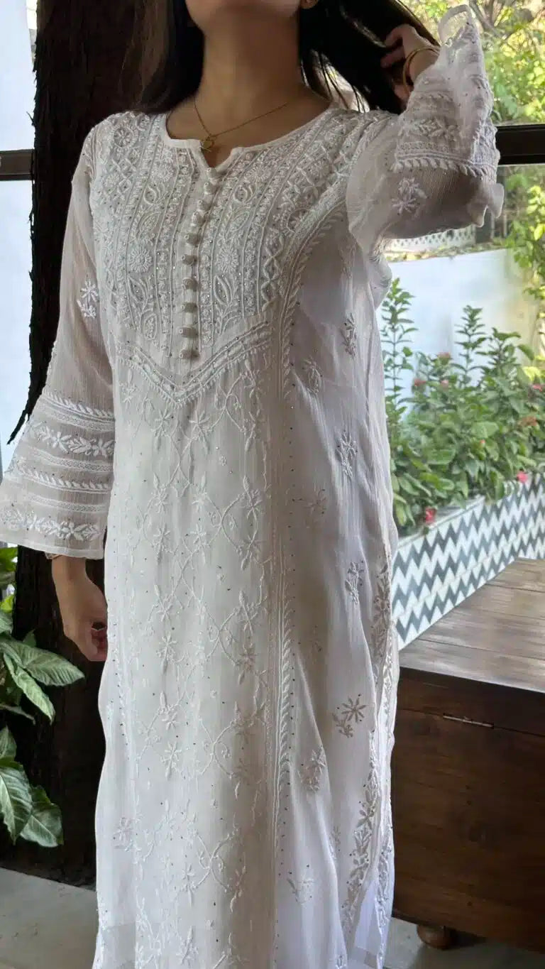 White Kota Chikankari Kurta With Mukaish Kamdani