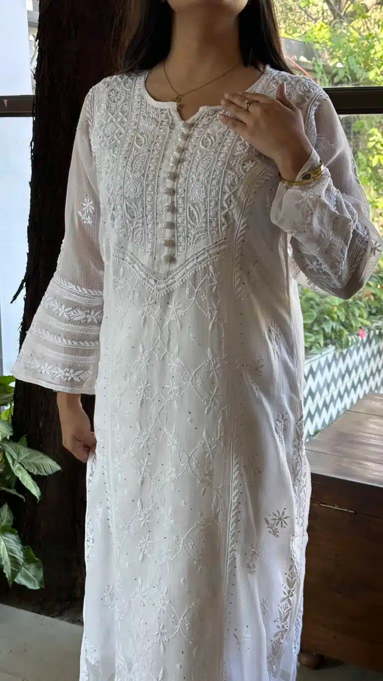 White Kota Chikankari Kurta With Mukaish Kamdani