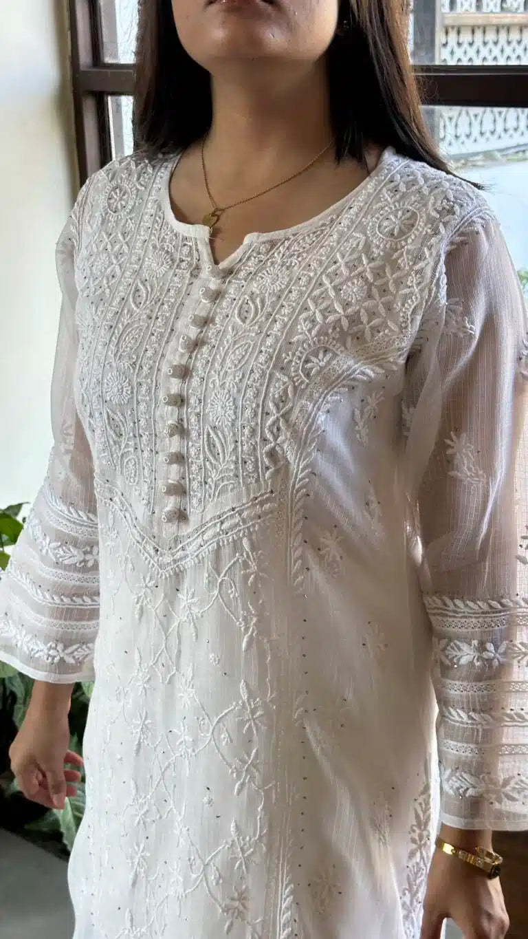 White Kota Chikankari Kurta With Mukaish Kamdani