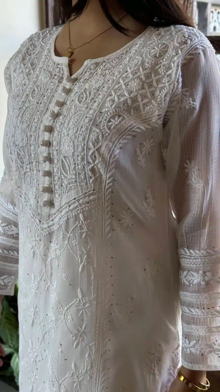 White Kota Chikankari Kurta With Mukaish Kamdani