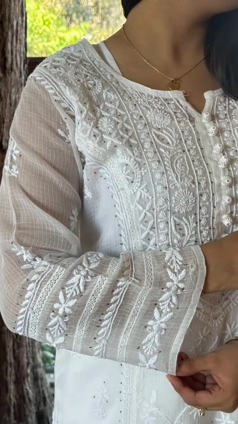 White Kota Chikankari Kurta With Mukaish Kamdani