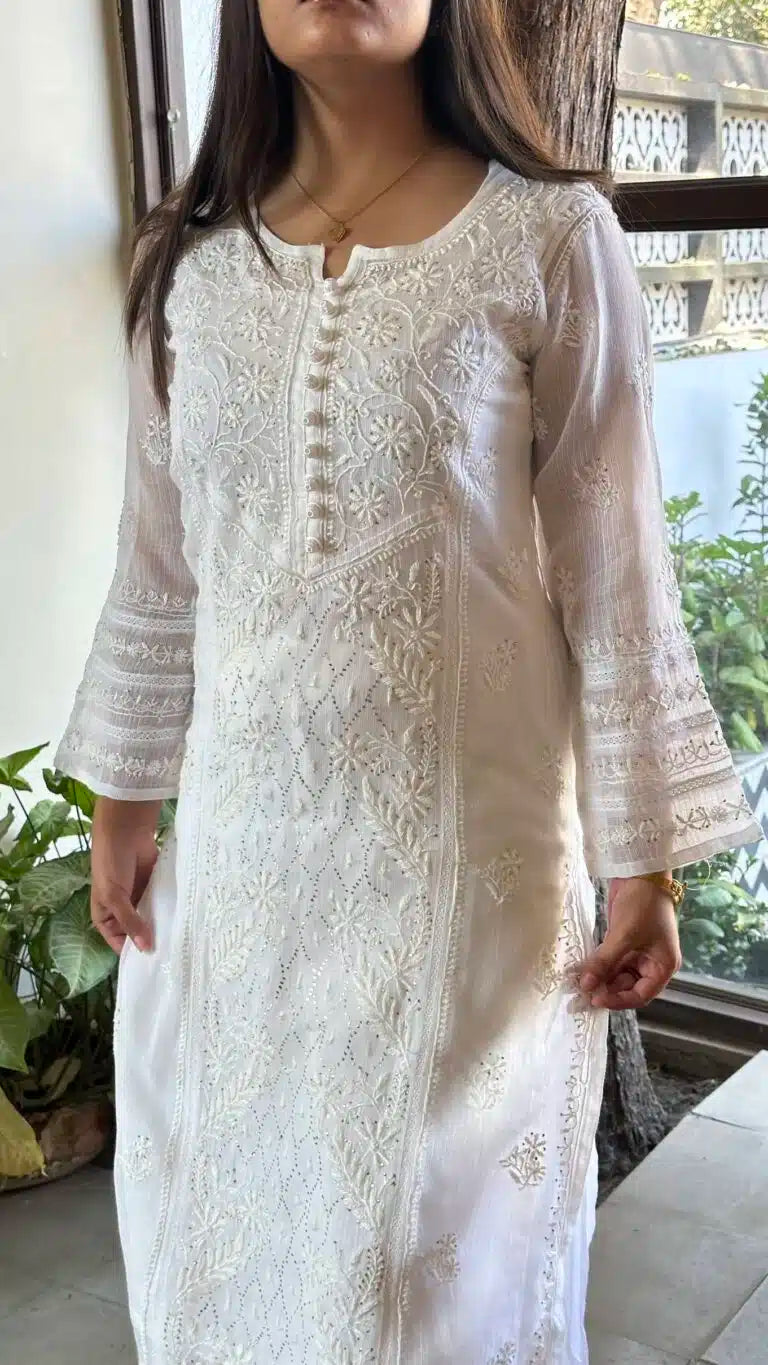 White Kota Chikankari Kurta With Mukaish Kamdani Work