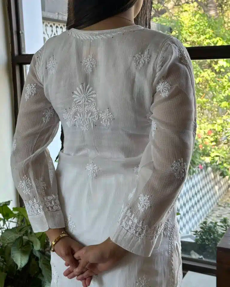 White Kota Chikankari Kurta With Mukaish Kamdani Work